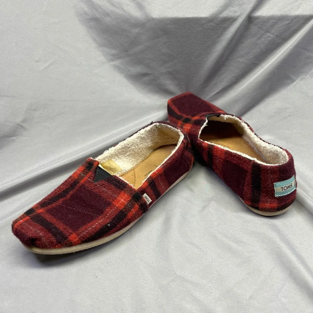 TOMS Womens Alpargata Red Plaid‎ Wool Faux Shearling Lined Slip On Shoes 8.5